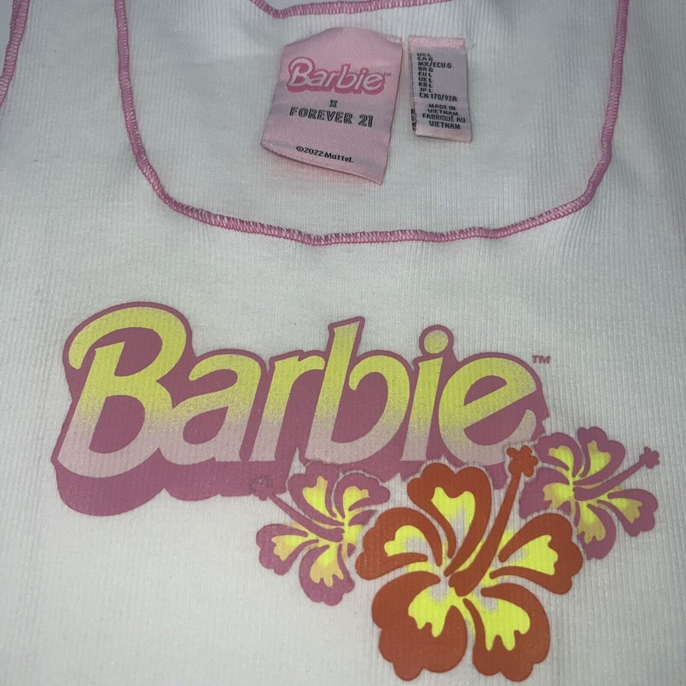 Barbie X Forever 21 White Malibu Print Ribbed Tank Top L With Keycha 80's Party - Picture 3 of 4